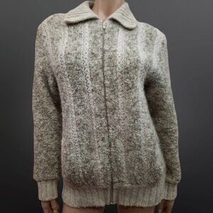 Vintage 70s Chunky Wool Cardigan Womens size M Full Zip Beige Sweater Pockets